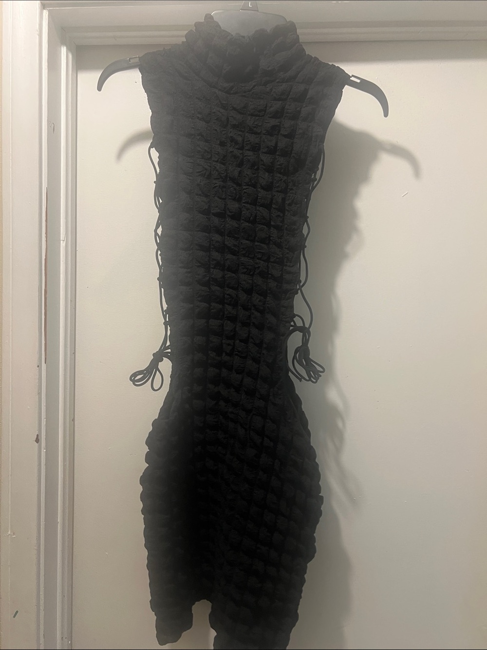 Sleeveless Black Textured Bodycon Dress with Side Tie Detail